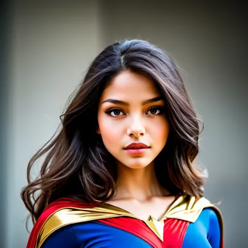 Prompt: A woman in a superhero costume resembling a classic comic book character, featuring a blue and red outfit with golden emblem details. She has long, flowing hair and a confident expression, framed by a softly blurred background that enhances her vibrant costume. Her cape drapes over one shoulder, adding to the heroic aesthetic of the portrait.