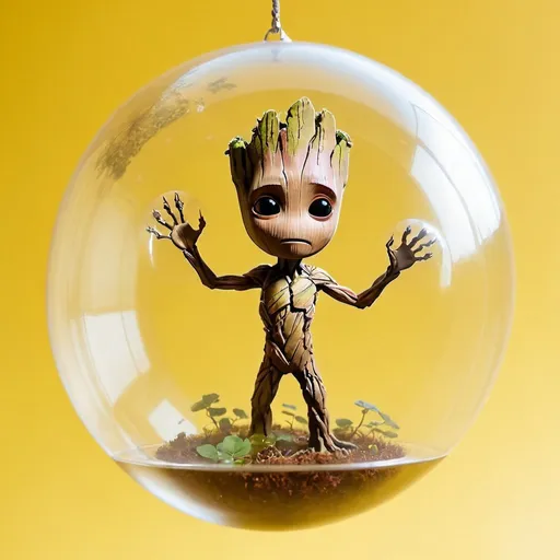 Prompt: Groot suspended in a clear bubble, with a soft yellow background