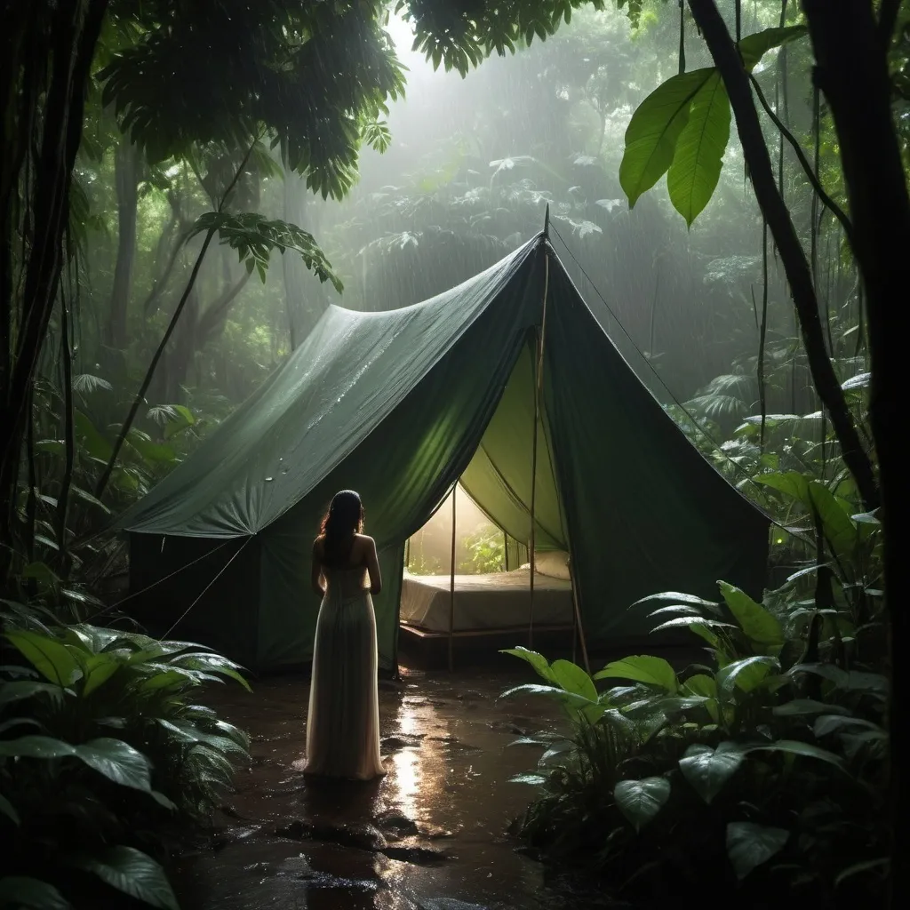 Prompt: Hidden deep within the dense foliage and tall, misty trees, a tiny beacon of humanity glows softly against the darkness. A tent, bathed in warm light, stands resilient amidst the relentless rain, casting a hopeful silhouette feverishly pushing back against the surrounding gloom. The tent's light diffuses into the wet night air, gently illuminating the lush greenery and creating mysterious shadows that waver and dance.

In this enigmatic interplay of light and shadow, it almost seems as though the rainforest is coming to life, forming the shape of a woman standing guard over this solitary sanctuary. Her figure is suggested by the way the light catches the droplets of rain and the gentle swaying of the trees, creating an ethereal protector born of nature itself. This scene invokes a profound sense of calm strength, encapsulated in the harmony between nature’s power and its serene beauty.