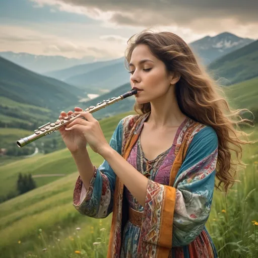 Prompt: In a picturesque landscape with rolling hills and mountains in the distance, a woman stands gracefully, playing a flute. Her flowing, wavy hair echoes the natural beauty surrounding her. She wears an intricately patterned, colorful garment that complements the serene and earthy tones of her environment. The image exudes a sense of peace and connection with nature, capturing a moment of pure, artistic expression.