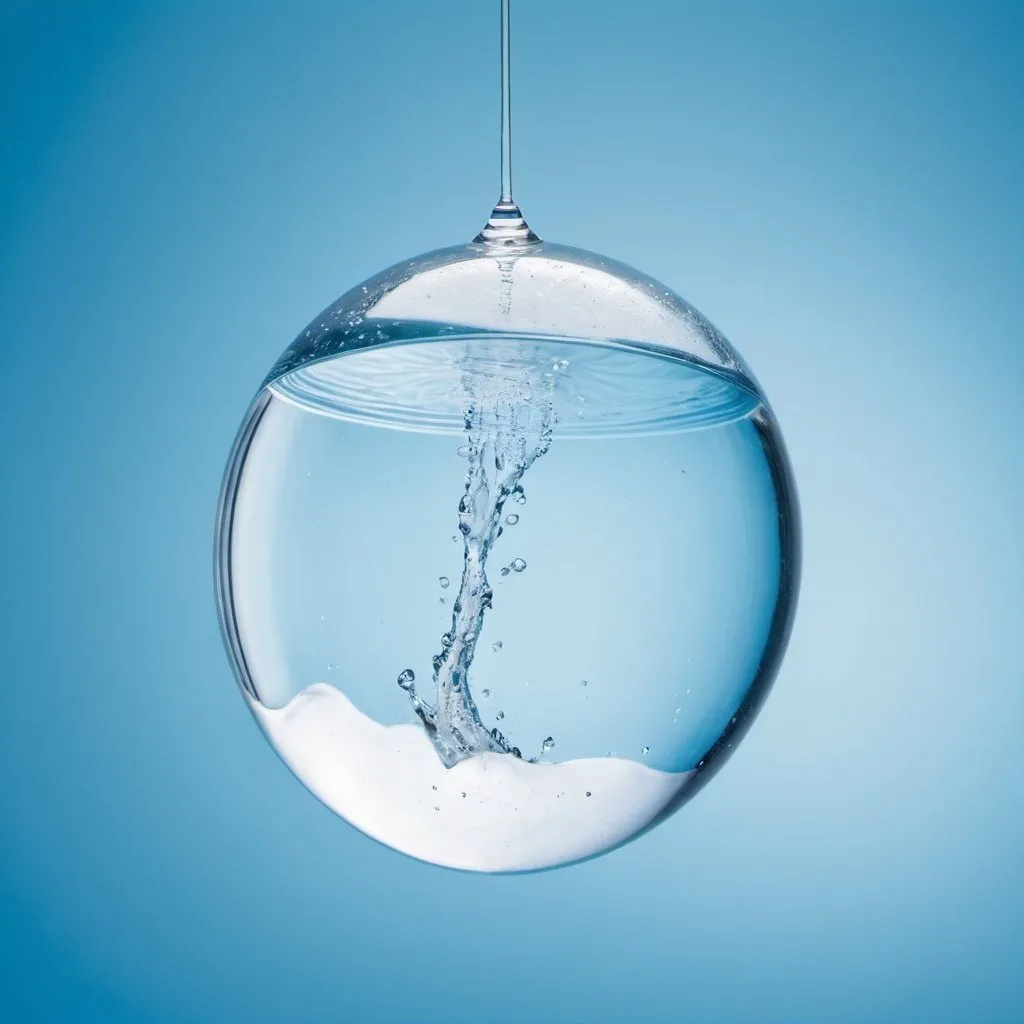 Prompt: Water splashing inside a suspended in a clear bubble, with a soft blue background