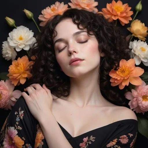 Prompt: A woman with curly dark hair and closed eyes rests peacefully against a dark backdrop filled with colorful flowers. Her pale skin is highlighted by soft pink blush, and she wears a black garment adorned with intricate floral patterns. The vibrant blossoms, in shades of orange, yellow, and white, appear to float around her, creating a dreamy and harmonious atmosphere.