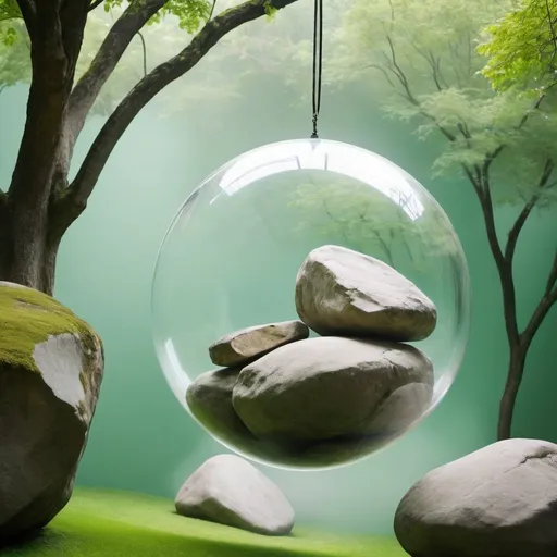 Prompt: Amazing boulders inside a suspended in a clear bubble, with a soft green background