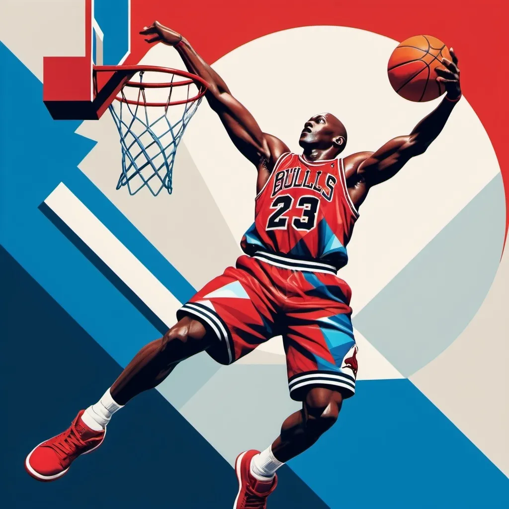 Prompt: A retro-futuristic graphic design of basketball player (Michael Jordan) dunking a basket ball, with bold colors and geometric shapes, in the style of Bauhaus-inspired digital art. The background is a blend of red and blue, Sense of motion and energy. Combining modern aesthetics with vintage elements, striking composition