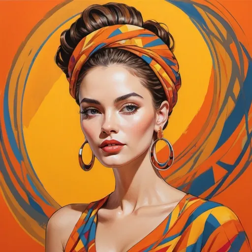 Prompt: This vibrant and captivating illustration showcases a woman with an elegant, upswept hairstyle and large hoop earrings. The bright orange and yellow background adds a warm and energetic contrast, highlighting the bold lines and intricate details of her attire. The flowing patterns and striking colors create a sense of movement and dynamism, giving the artwork a modern and artistic flair. The woman's poised demeanor and the stunning use of color make this piece both eye-catching and inspirational.