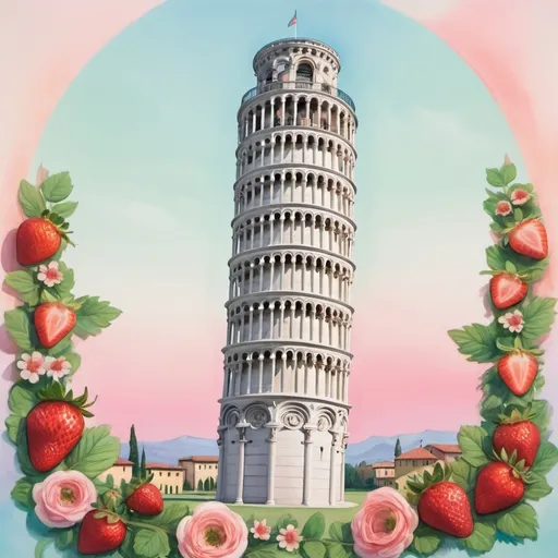 Prompt: Tempera Painting of Leaning Tower of Pisa , with strawberries wreaths around, dreamy pastel color palette, gradient