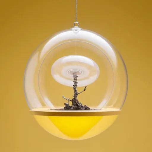 Prompt: Mini cyclone inside a suspended in a clear bubble, with a soft yellow background