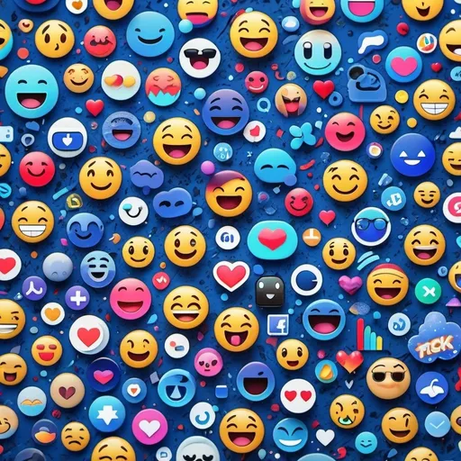 Prompt: a big animated collage of social media and engagement emojis mixed with abstract art in blue tones. lots of tiktok and instagram recognition
