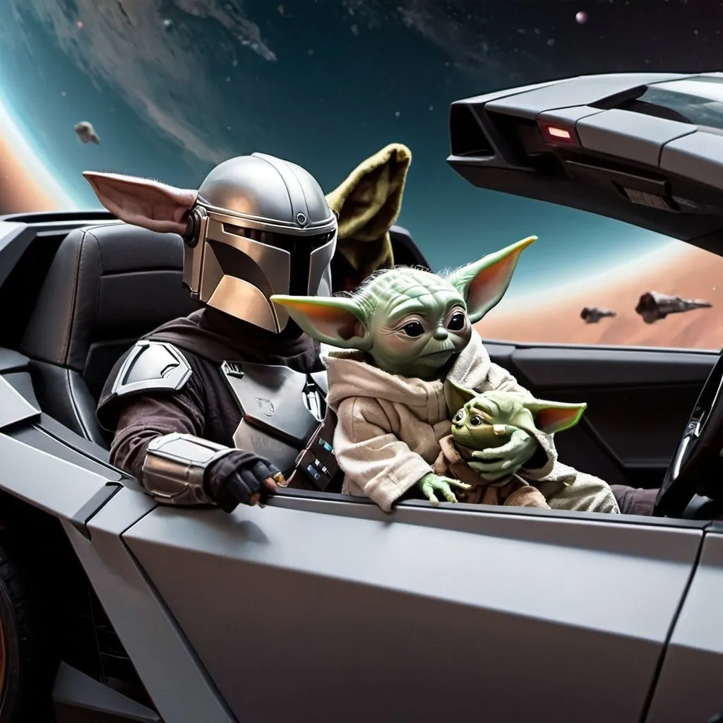 Mandalorian and baby yoda driving a in s...