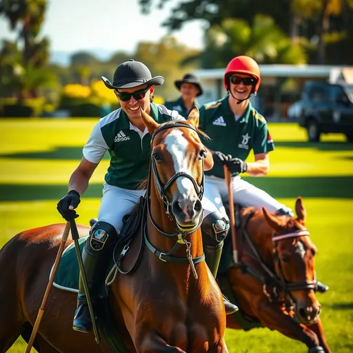 Prompt: (polo scene), two men in dynamic postures, riding horses elegantly, vibrant grass field, lush polo club backdrop, (high-action), intense expressions, (candid moment), bright sunlight casting dramatic shadows, cheerful atmosphere, (4K resolution), ultra-detailed, rich colors capturing the excitement and teamwork of the game, elegant equestrian attire, action-packed motion.