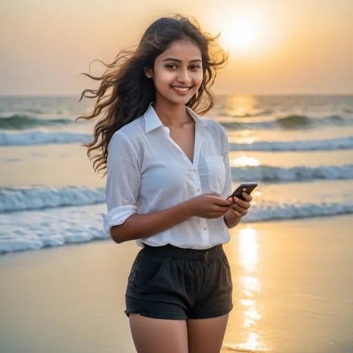 Prompt: A beautiful Assamese girl is standing by the seaside with a mobile in her hand. She is wearing black shorts and a white shirt. The sunlight reflecting off the ocean's blue surface casts a golden glow on her wavy hair. Her gentle smile and graceful posture create a dreamlike scene that blends perfectly with the beauty of the sea.