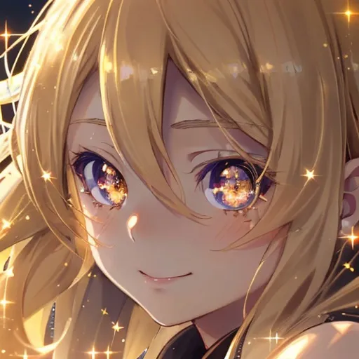 Prompt: Close up head shot of anime girl with a slight smile and sparkly eyes. Similar to Oshi no Ko style. Dirty blonde hair with a white streak in it, bands and long hair. Twinkly lighting that is similar to a sunset. 