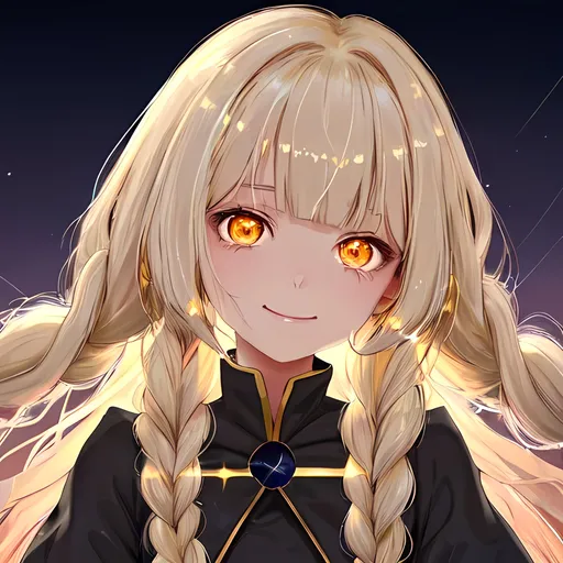 Prompt: Close up head shot of anime girl with a slight smile and sparkly holographic glowing eyes. Similar to Oshi no Ko style. Dirty blonde long hair with a white streak in the bangs. Long hair has braids in it interspersed with small golden jewelry holding the braids closed. Twinkly lighting that is similar to a sunset. Holding a small white note. Angelic smile with a hint of evil in the eyes.