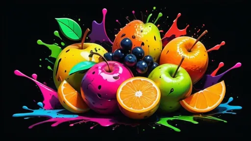 Prompt: abstract fruit graffiti  on black background
