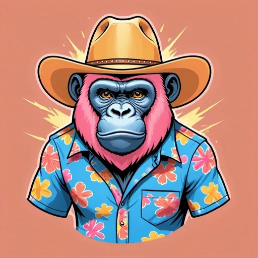 Prompt: Draw a cartoon coral pink gorilla with a blue and pink Hawaiian shirt, a yellow and orange lightning bolt across its face, and a tan cowboy hat.