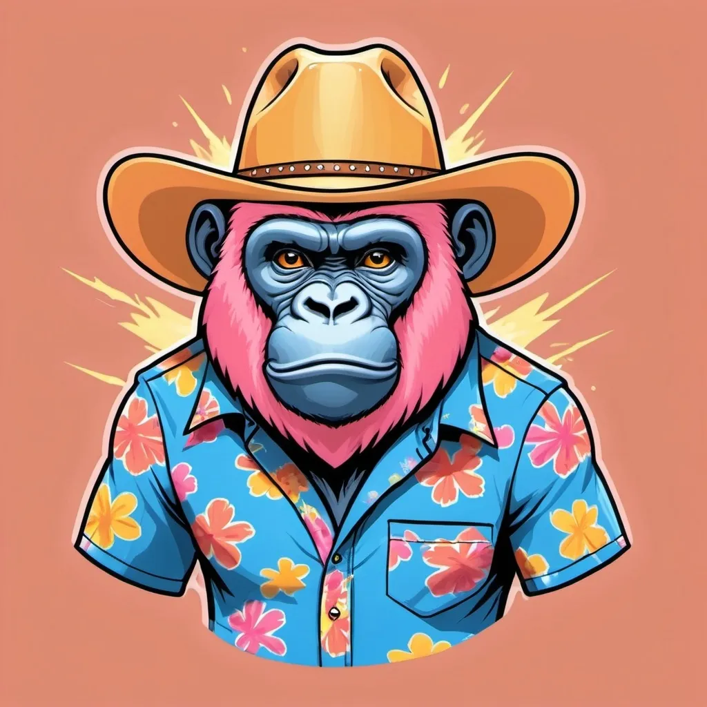 Prompt: Draw a cartoon coral pink gorilla with a blue and pink Hawaiian shirt, a yellow and orange lightning bolt across its face, and a tan cowboy hat.