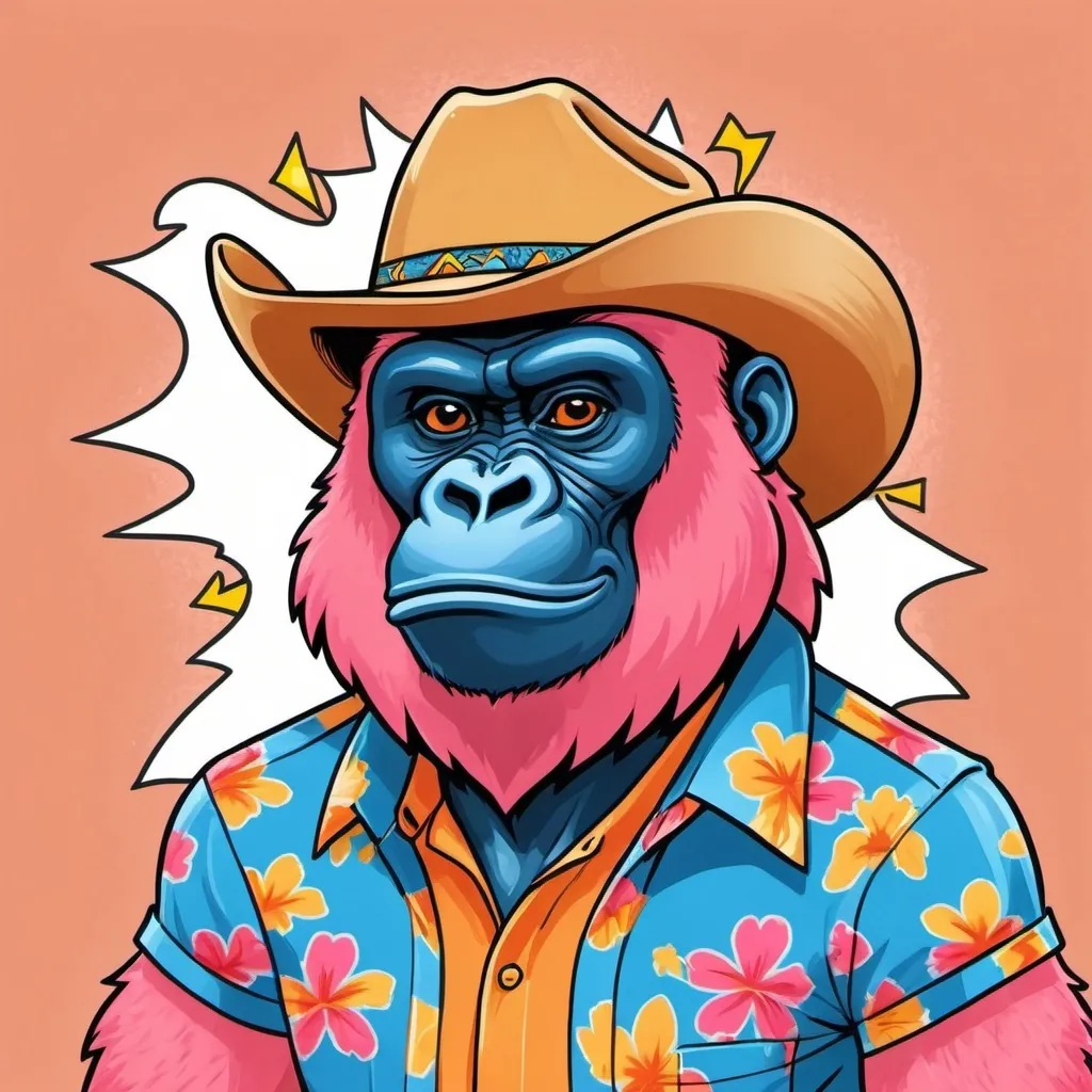 Prompt: Draw a cartoon coral pink gorilla with a blue and pink Hawaiian shirt, a yellow and orange lightning bolt across its face, and a tan cowboy hat.