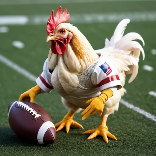 Prompt: Chicken playing American  football