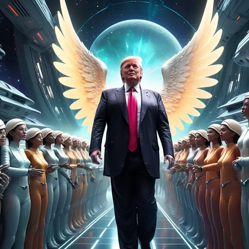 Prompt: Donald Trump, charismatic expression, dressed in a modern tailored suit, alongside a radiant angel with ethereal wings, leading a crowd of enthusiastic colonizers, futuristic space colony landscape in vibrant colors, dynamic energy, stars twinkling in the deep space backdrop, optimistic and ambitious atmosphere, ultra-detailed, 4K, cinematic feel, emphasizing human spirit and exploration in the 21st century.