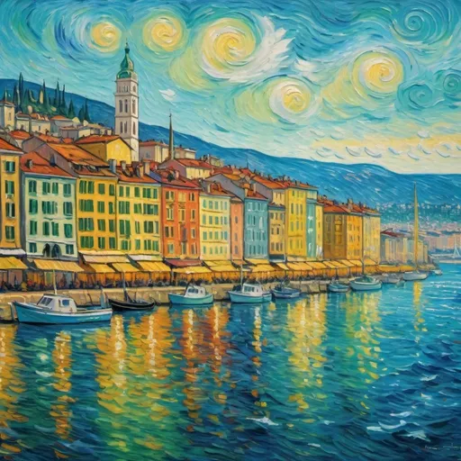 Prompt: Van Gogh-style panorama of Trieste from the sea, vibrant swirling colors, impressionistic brushstrokes, lively cityscape, sparkling water, bustling harbor, colorful sailboats, dynamic composition, sunny and bright, oil painting, vibrant tones, lively brushwork, high quality