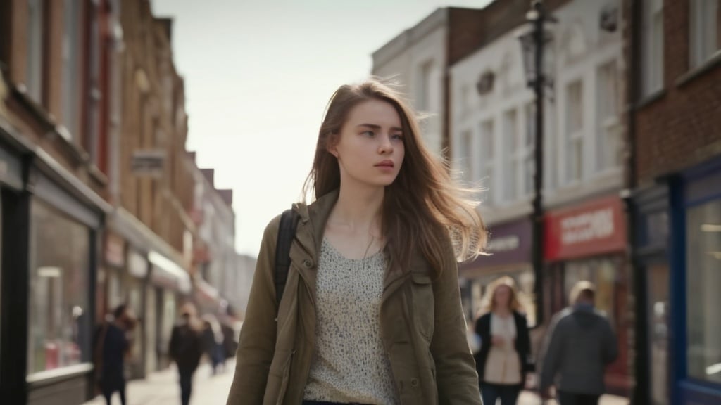 Prompt: Tall young woman walking down the high street, detailed clothing, realistic, natural lighting