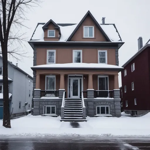 Prompt: Une maison urbainetypique au Québec, dans un décor hivernal.