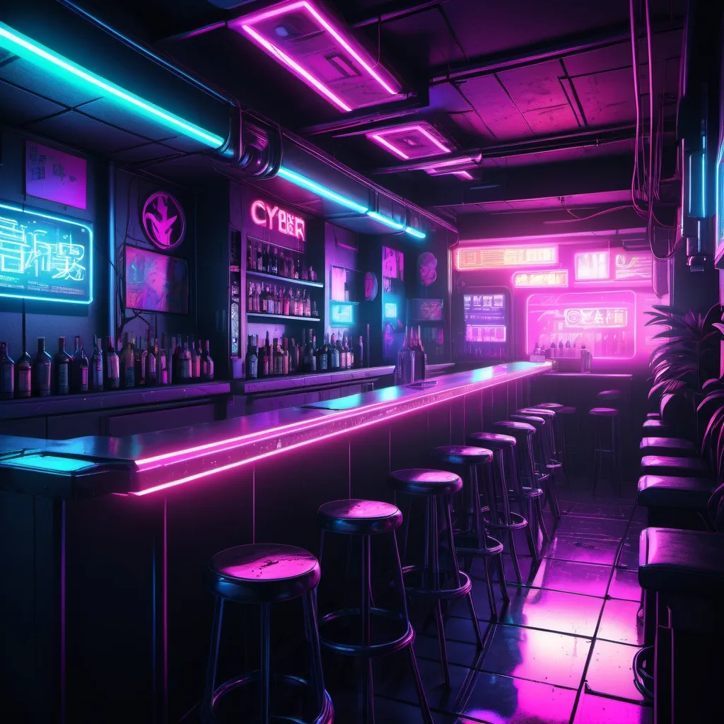 Prompt: Cyber punk bar environment image with neon lights in a manga style