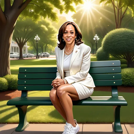 Prompt: (photorealistic) cartoon style, warm color scheme, Kamala Harris with detailed facial features, sophisticated pearl white skirt outfit, string of white pearls, matching pearl earrings, stylish white Chuck Taylor sneakers, sitting on a park bench, serene background with lush greenery, dappled sunlight filtering through trees, peaceful ambiance, ultra-detailed, high quality, inviting atmosphere.