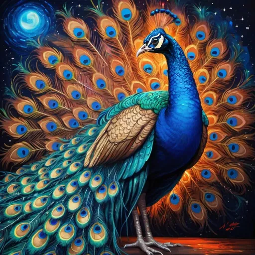 Prompt: Giant neon light blue peacock, colorful feathers spread out, vibrant neon colors, detailed feather patterns, high quality, neon art, surreal, vibrant lighting, majestic, fantasy along with Krishna in a starry nights by Van Gogh style