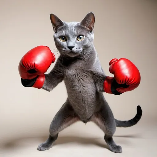 Prompt: a Russian blue cat wearing boxing gloves defending his territory 