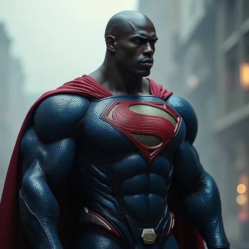 Prompt: Black superman...military look. 6 feet tall. Blue Grey eyes.