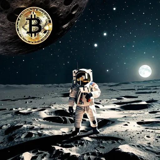 Prompt: 100,000 bitcoin in 2024. Ai and human celebrate new assets class on the 🌙  moon.