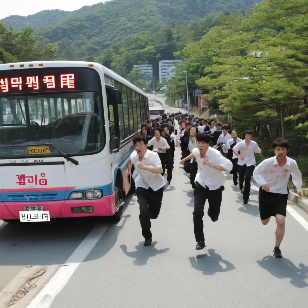 Prompt: Zombies running to bus at Mungyeong