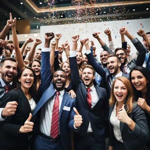 Prompt: create an image of sales people celebrating being successful in their careers in a convention center
