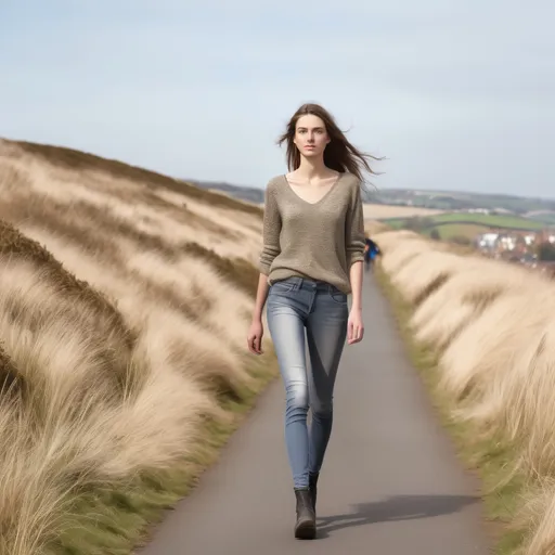 Prompt: Tall young woman walking down the high street, detailed clothing, realistic, natural lighting