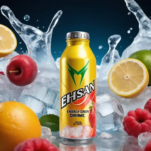 Prompt: Advertising photo to introduce an energy drink. The image should show a bottle of energy drink in the center of the frame, surrounded by cool ice and fresh fruit. The background should be bright and full of energy and convey a sense of freshness. The lighting should be such that the drink bottle and its details are clearly visible. At the top or bottom of the image, the logo and brand name of Ehsan should be placed along with a short and attractive slogan. The purpose of the photo is to create a feeling of freshness, energy and attractiveness of the product.