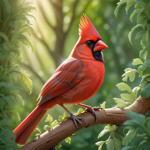 Prompt: Detailed, realistic illustration of a cardinal in a serene natural setting, vibrant colors, high quality, realistic, detailed feathers, peaceful, bible verse inspiration, intricate details, lush greenery, bright sunlight, natural beauty, harmonious, colorful feathers, serene, tranquil atmosphere