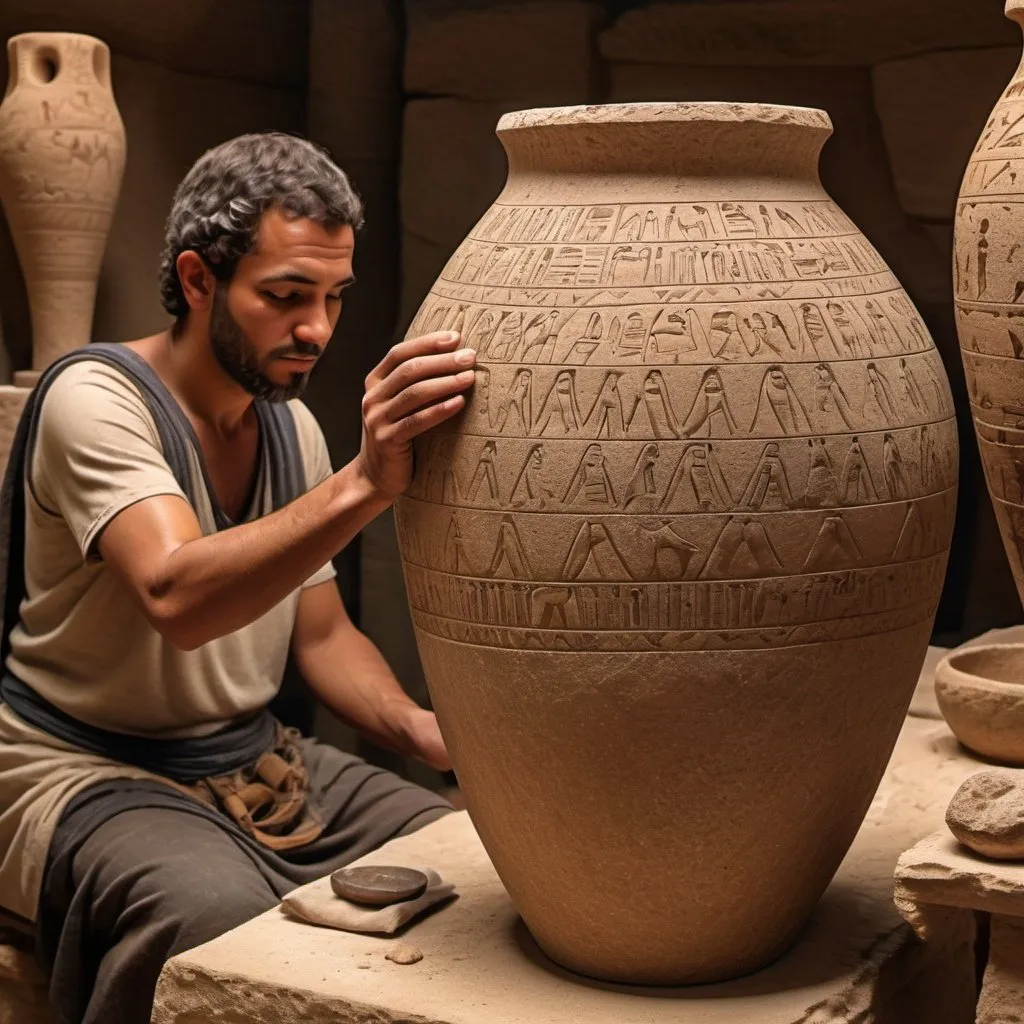 Prompt: Ancient Egyptian people crafting granite vase artifacts, ancient tools, high quality, realistic, historical, warm earthy tones, natural lighting, detailed facial features, traditional craftsmanship, ancient techniques, skilled artisans, historical accuracy