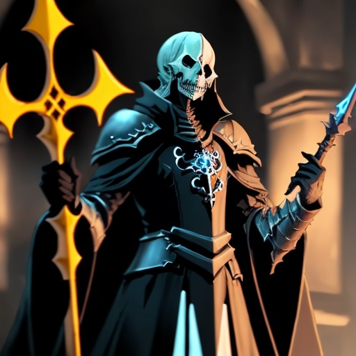 Prompt: overlord anime ainz ooal gown wears daedric armor, with runes on the armor and his great and power staff in his hand