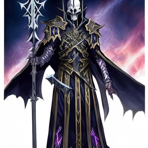 Prompt: overlord anime ainz ooal gown wears daedric armor, runes on the armor, in his left hand his great staff of ainz ooal gown and in his right hand a powerful cosmic sword