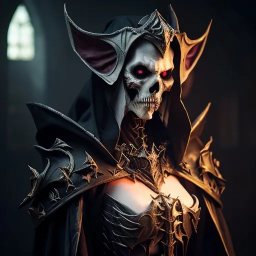 Prompt: overlord anime ainz ooal gown wears daedric armor and casts the ultimate spell, oil painting!!!, runes, overlord!!!, magic, dark, gloomy, portrait, character portrait, concept art, symmetrical, 4 k, macro detail, realistic shadows, bloom, cosplay, anime, dviant art