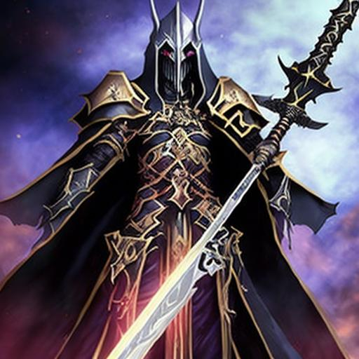 Prompt: overlord anime ainz ooal gown wears daedric armor, runes on the armor, in his left hand his great staff of ainz ooal gown and in his right hand a powerful cosmic sword