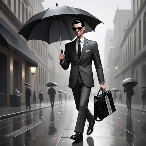 Prompt: Please make a man with long legs and short black hair.He has an umbrella and a diamond handbag. He is in a suit and is wearing a pair of sneakels,He is walking.

