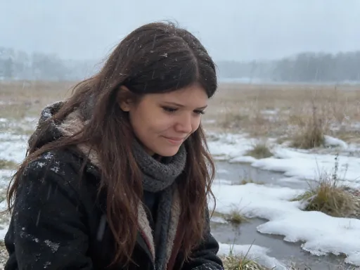 Prompt: @felicity long brown hair wearing warm clothes crying in a field with melting snow in the rain looking down 
