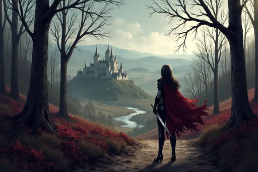 Prompt: dark atmosphere, forest full of dead trees, fields, rolling hills, river, dirt path lined by stone wall, vampire castle in distance, female vampire knight standing on dirt path, sheathed sword on hip, knee high high heel boots