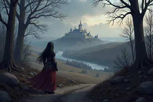 Prompt: dark atmosphere, forest full of dead trees, fields, rolling hills, river, dirt path lined by stone wall, vampire castle in distance, female vampire knight standing on dirt path, sheathed sword on hip