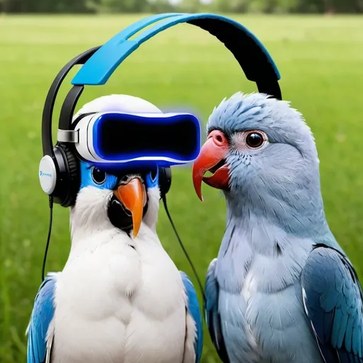 Prompt: Two lovebirds are facing each other, one male bird is on the left hand side and has blue and white feathers facing his girlfriend to his left. He is wearing a virtual gaming headset over his head, covering both of his eyes and strap wrapped around his head. The other bird is female and is on the right hand side facing the male bird.  She is not wearing a headset and is trying to kiss the male bird.  The background looks like they are on a central Texas based ranch with green grass lawn showing.