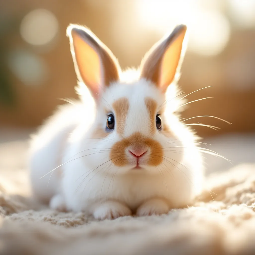 Prompt: A small, adorable rabbit rests in a soft, warm glow, showcasing its fluffy white fur accented by light orange patches. Its round, dark eyes are bright and curious, perched atop a delicate, twitching nose and flanked by long, upright ears. The background features a softly blurred bokeh effect, suggesting a sunlit indoor space, creating a serene, joyful atmosphere. The composition highlights the rabbit's gentle demeanor, inviting the viewer to appreciate its cuteness and innocence, while the warm colors evoke feelings of comfort and tranquility.