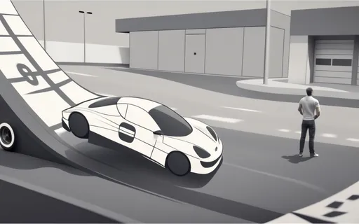 Prompt: (gray lifesize carrera toy race track on top of a normal road), a confident man standing tall, holding a controller, a speeding race car navigating the dynamic track, track ascending dramatically on the left, (AE Cars) garage in the background, outdoor setting, clean minimalist background (except for garage), dynamic perspective, (concept art) style.