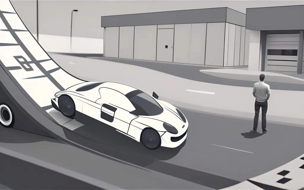 Prompt: (gray lifesize carrera toy race track on top of a normal road), a confident man standing tall, holding a controller, a speeding race car navigating the dynamic track, track ascending dramatically on the left, (AE Cars) garage in the background, outdoor setting, clean minimalist background (except for garage), dynamic perspective, (concept art) style.